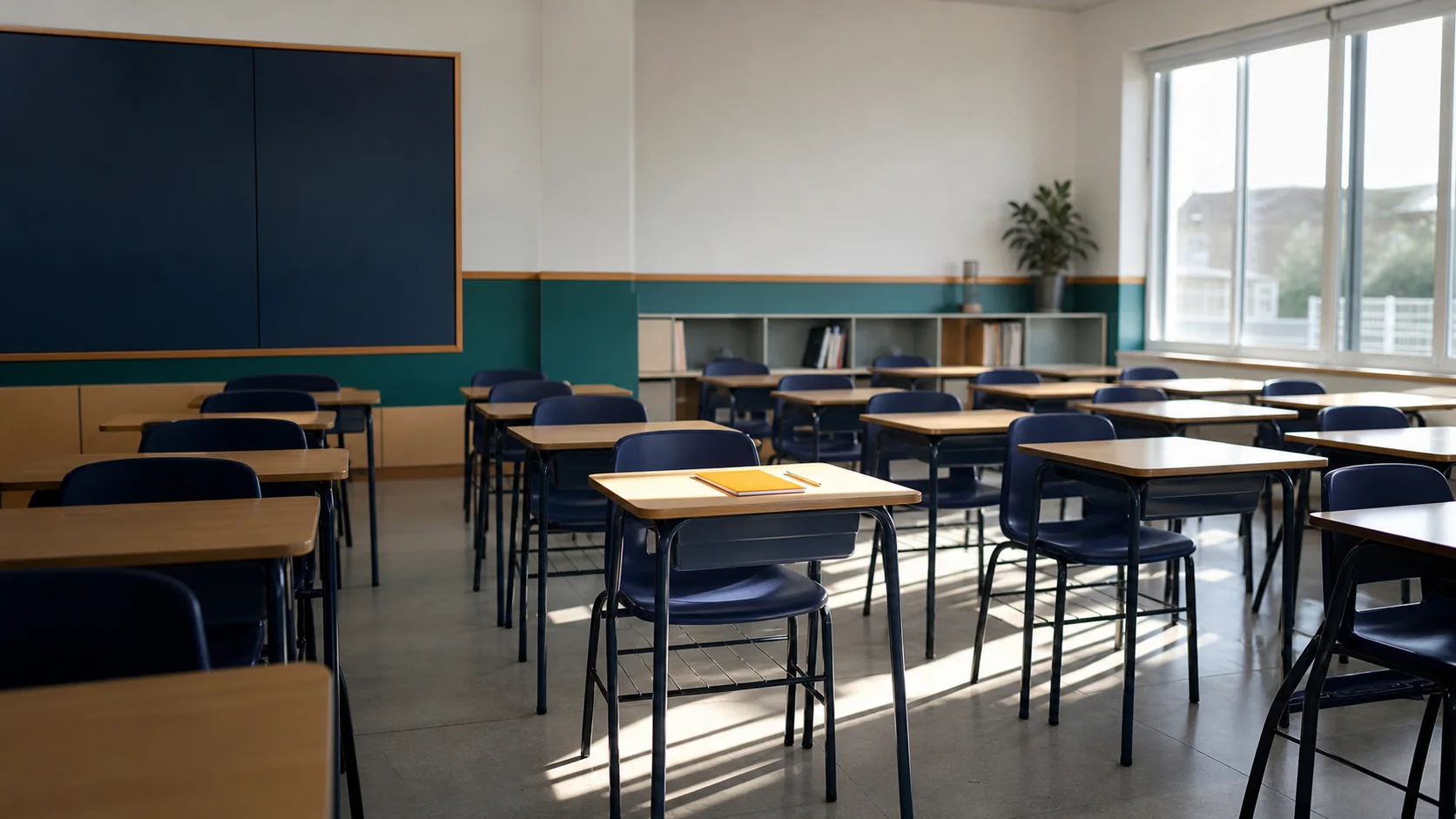 Sala de aula organizada com uma carteira vazia em destaque