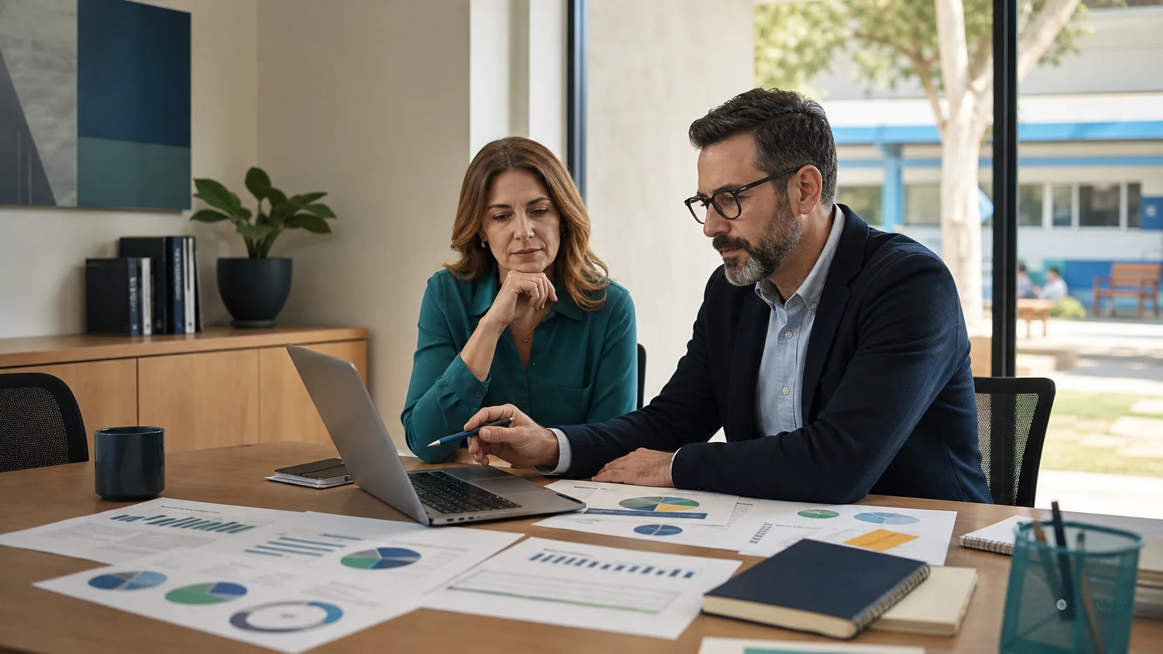 Gestores escolares analisando a distribuição do orçamento de marketing